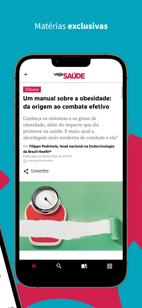 The VEJA SAÚDE app showing an exclusive health article about obesity with an illustration of a scale.