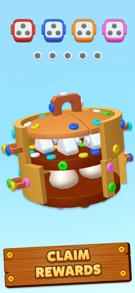 Una struttura in legno 3D con viti colorate e scatole di smistamento codificate per colore nel gioco mobile Screwdom