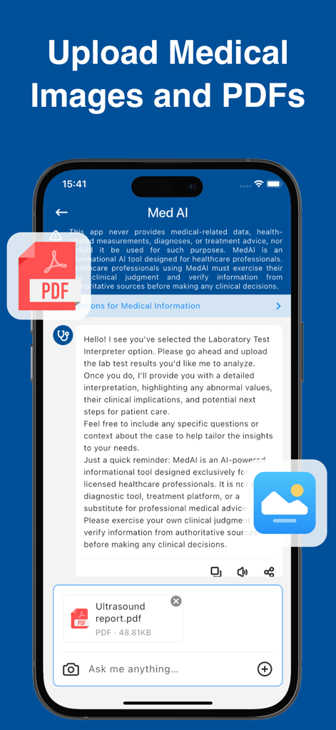 Med AI Doctor Assistant - AI解析のために医療画像やPDFレポートのアップロードオプションを示すMed AIアプリのインターフェース。
