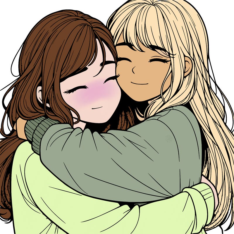 realistic two girls hugging