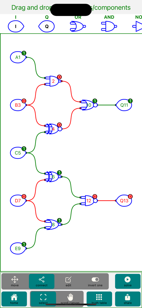 Logic-Gate-Design Pro - A complex digital logic gate circuit diagram being designed in the Logic Gate Design Pro mobile app interface