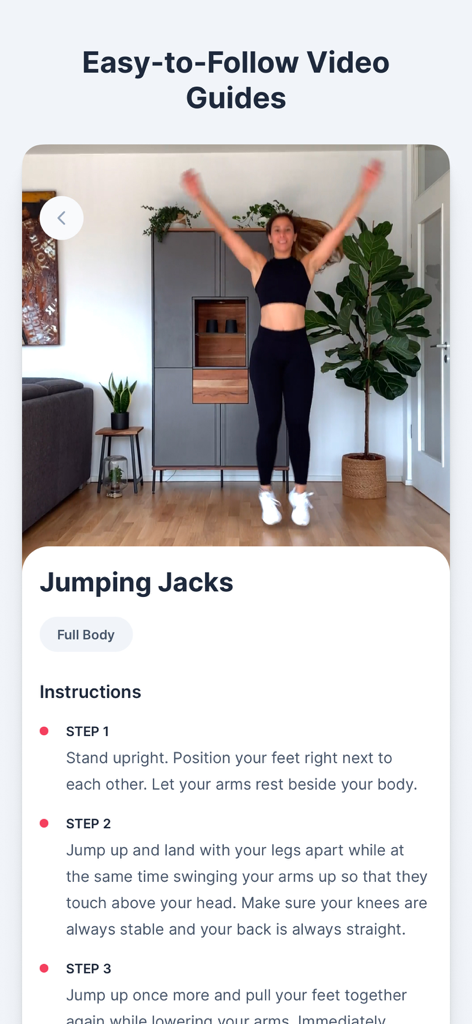 WeBurn: Home Workout for Women - Guía de video para el ejercicio de jumping jacks en la aplicación de ejercicios en casa WeBurn