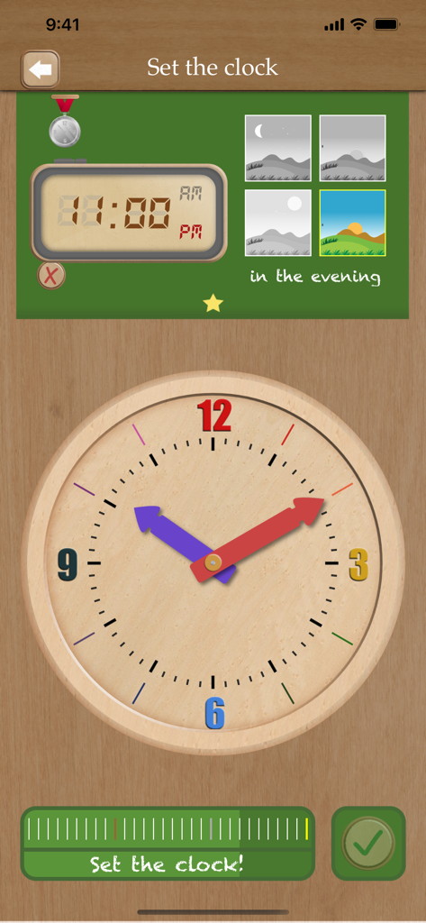 Set the clock - Interfaz de la aplicación Set the Clock que muestra un reloj analógico de madera y una pantalla digital para que los niños aprendan a leer la hora