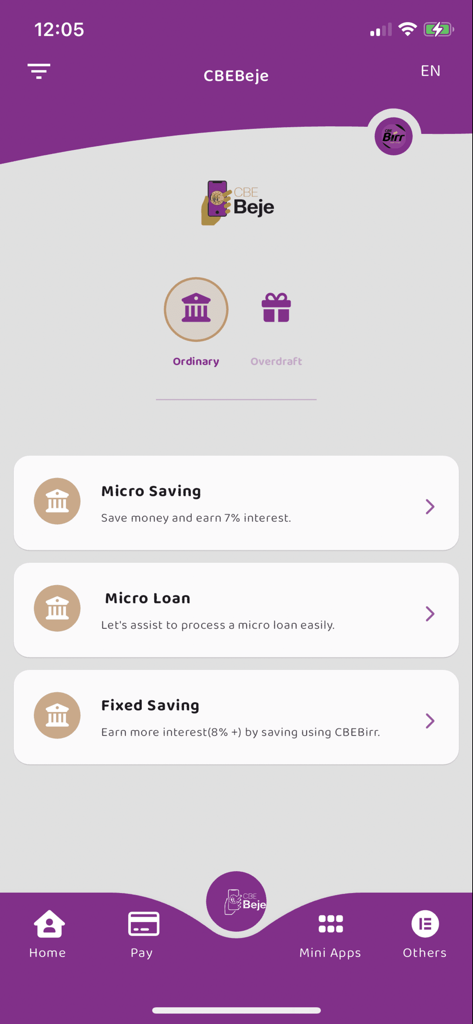 CBEBirr Plus - CBEBirr Plus app screen showing CBEBeje micro saving and micro loan features with interest rates