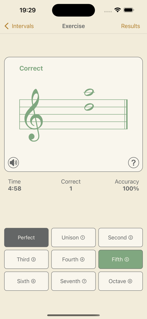 Music Buddy Pro – Learn notes - A music theory exercise screen in the Music Buddy Pro app showing a treble clef staff with a perfect fifth interval