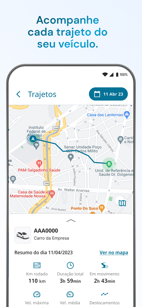 GConnect app screenshot showing a vehicle route map with travel distance and duration statistics