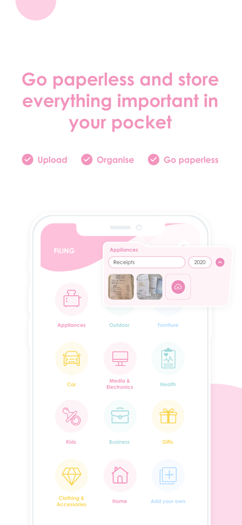 Picketアプリのスクリーン。レシートや家庭用品の書類のカテゴリ別デジタルファイルシステムが表示されています。