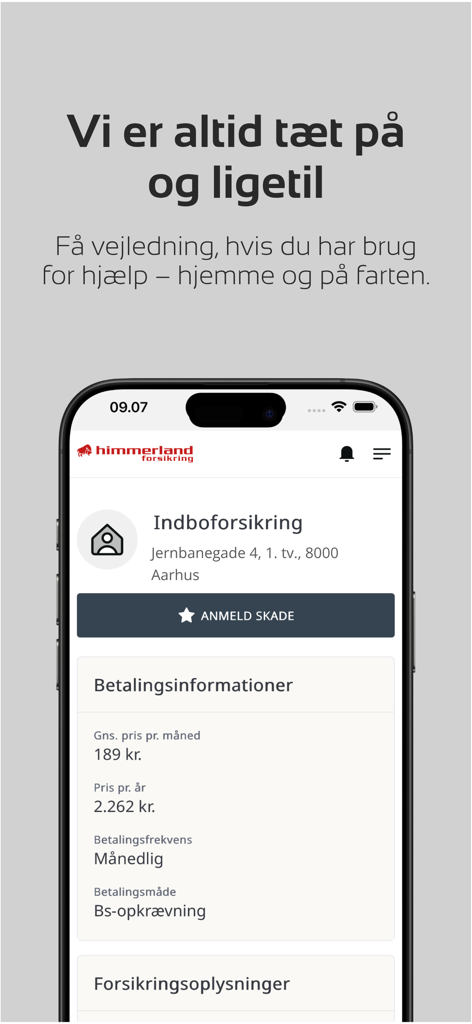 Mit Himmerland - Interfaz de la app móvil de Mit Himmerland que muestra los detalles de la póliza de seguro de hogar e información de pago