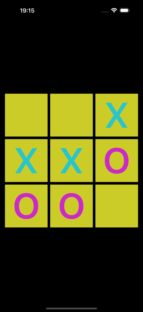Tic Tac Toe & Four in a Row - Tic Tac Toe game interface showing a yellow grid with blue X and pink O marks.