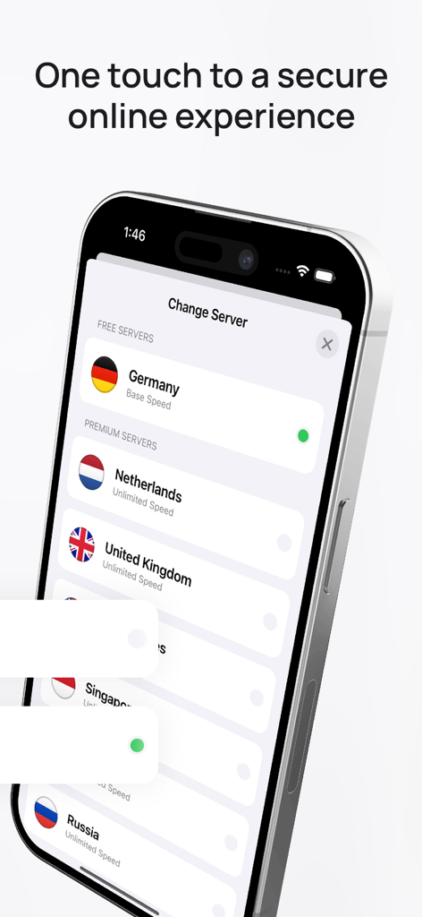 Smartphone screen displaying global VPN server options for secure browsing