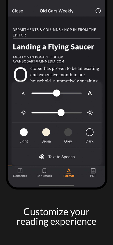 Old Cars Weekly - A mobile app interface showing customization options for reading including text size brightness and color themes