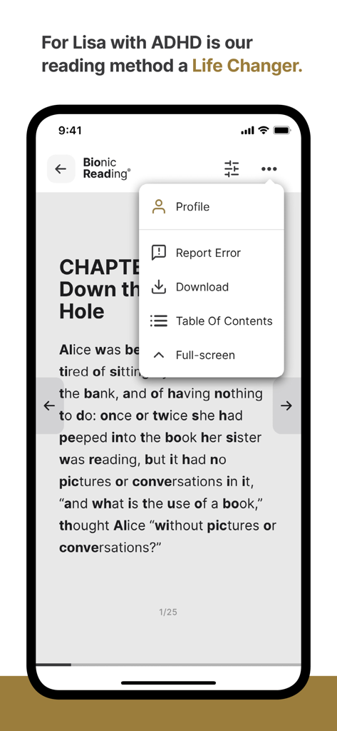 Bionic Reading® - Bionic Reading app interface on an iPhone showing bolded text segments to aid concentration and an open menu with reading options