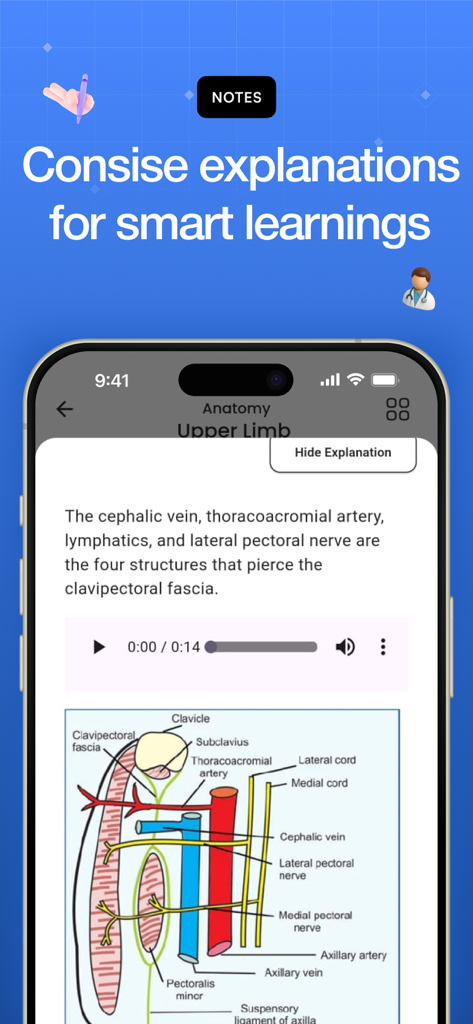 Reflex - NEET PG Preparation - Reflex app screen showing concise anatomy notes and a diagram of the clavipectoral fascia for medical exam study.