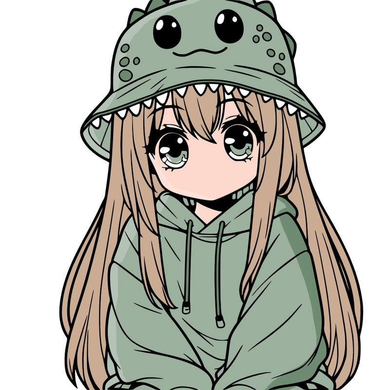 girl with anime shaped eyes with a dinosaur bucket hat oversized sweatshirt long straight hair