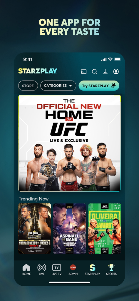 Interfaccia dell'app mobile Starzplay con partite UFC live e contenuti sportivi di tendenza.