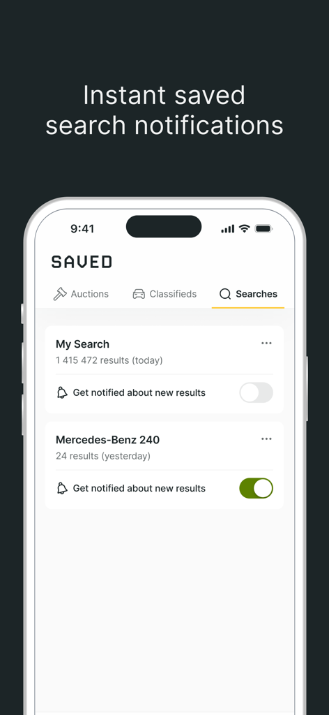 A mobile interface of the PistonHeads app displaying the saved search screen with toggles for instant car notifications
