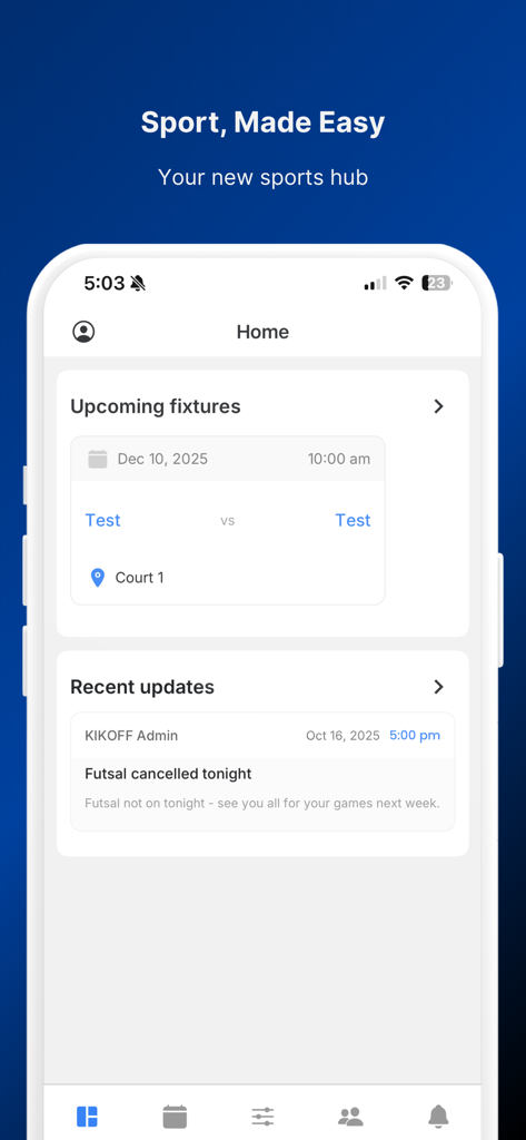 MySport - MySport app home screen displaying upcoming sports fixtures and recent club updates.
