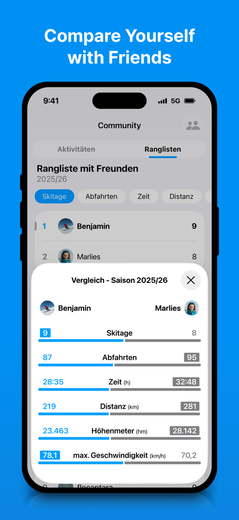 bergfex: Skiing & Tracking - bergfex app interface showing a ski performance leaderboard and a detailed head-to-head statistical comparison between two users