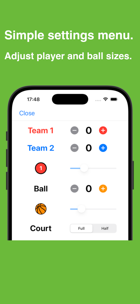 Settings screen of VBTacticsFlow for customizing volleyball team sizes and player dimensions