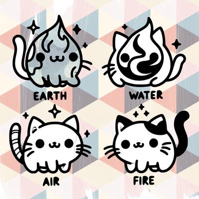 4 cats that represent the different elements, earth, water, air, and fire