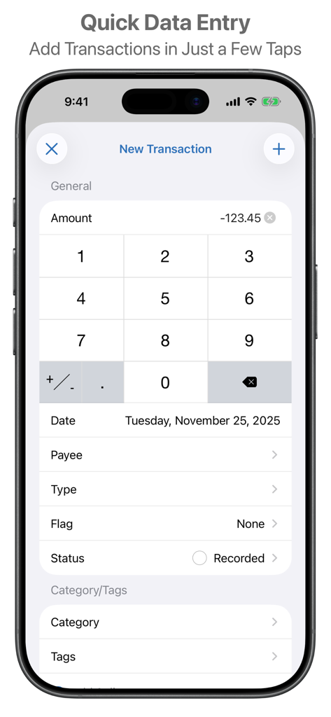 SEE Finance 3 Mobile - SEE Finance 3 Mobile app quick data entry screen for adding new transactions on iPhone
