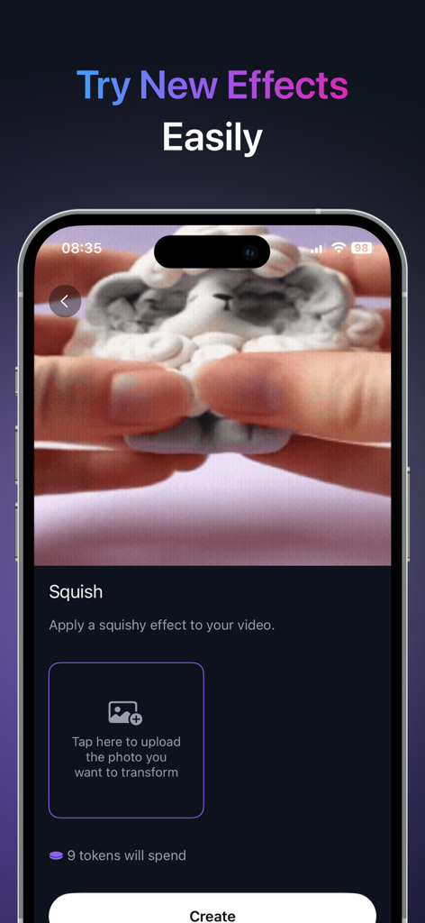Spice: AI Video Maker & More - iPhone screen showing the Spice AI app interface with a squish video effect preview and token cost