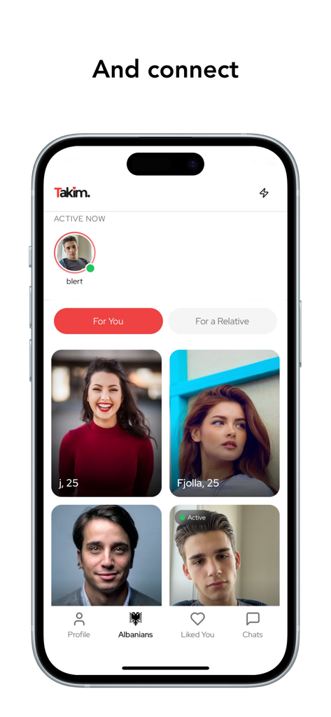 Takim: Connect with Albanians - A smartphone showing the Takim app discovery feed with various user profiles and navigation for the Albanian social network
