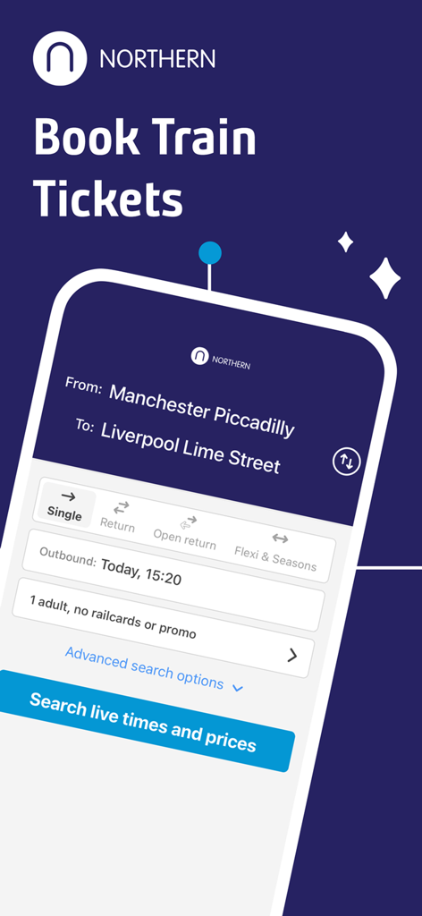 Northern train app booking screen showing a journey from Manchester Piccadilly to Liverpool Lime Street.