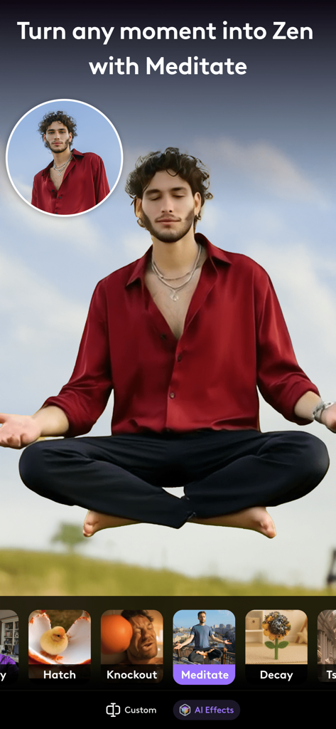 Mobile app interface of LTX Buzz showing a man levitating with the Meditate AI video effect.
