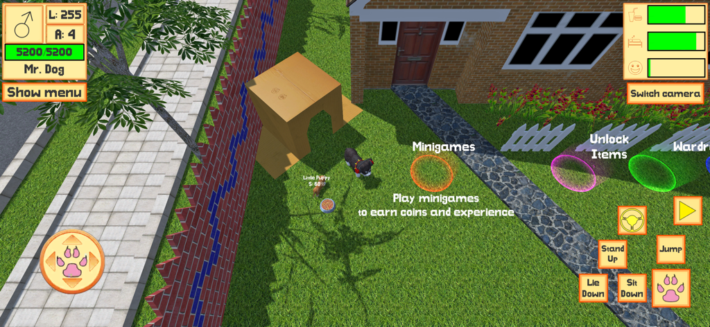 Cute Pocket Puppy 3D - Part 2 - Vista 3D de arriba hacia abajo de un juego simulador de cachorros que muestra un patio trasero con iconos de minijuegos y controles.