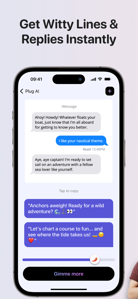 Plug AI: Rizz Dating Wingman - Interfaccia dell'app mobile Plug AI che mostra risposte di dating spiritose generate dall'AI e battute di adescamento