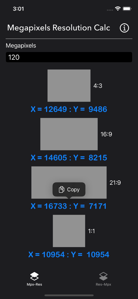 Megapixels Resolution Calc - Megapixels Resolution Calc app interface showing pixel dimensions for 4 3 16 9 21 9 and 1 1 aspect ratios