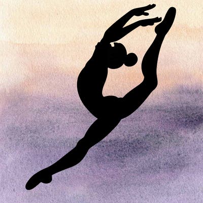 gymnast doing a leap in a leotard with a bent back leg