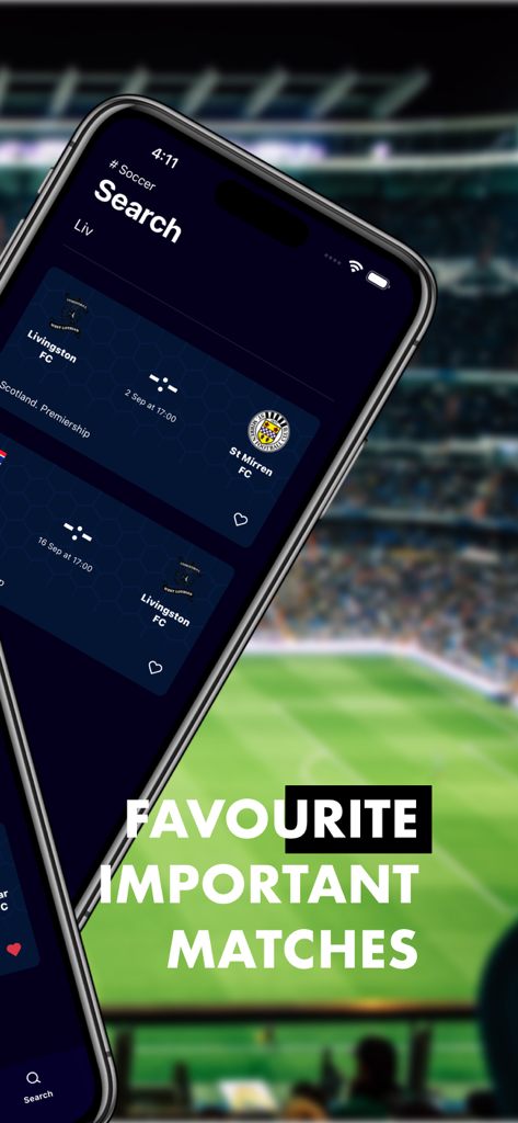 BMaster Sports - BMaster Sports app screen displaying favorite soccer matches search results.