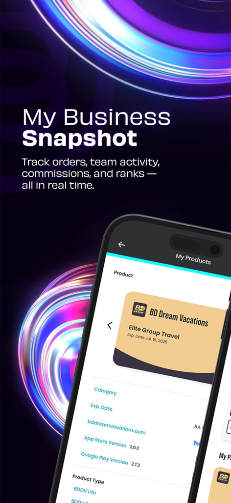 ByDzyne - ByDzyne mobile app interface showing the My Business Snapshot screen and product details.