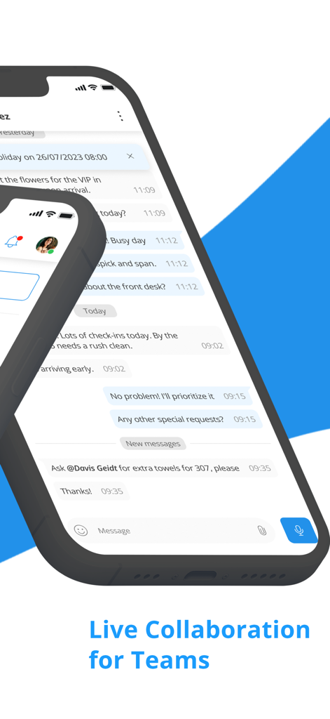 Alkimii - Alkimii mobile app interface showing live team collaboration and messaging for deskless workers