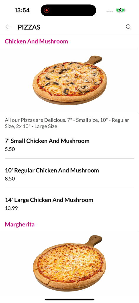 Menu screen of the Square Pizza Leeds app showing chicken and mushroom pizza options