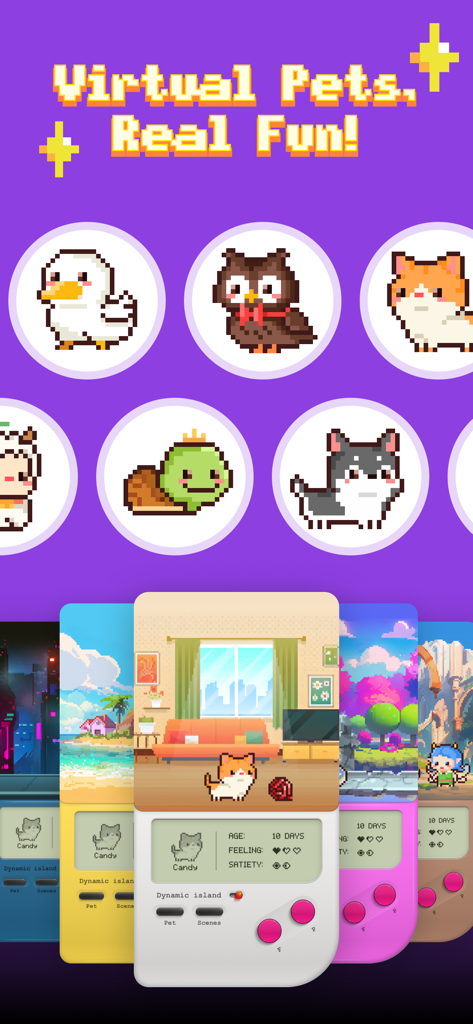 Pixel Shimeji: My Digital Pet - A collection of cute pixel art animal avatars above several colorful retro handheld game interfaces showing different digital pet environments.