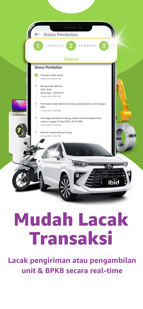 IBID - Balai Lelang Astra - オークションアイテムのリアルタイム購入ステータスとトランザクショントラッキングを示すIBIDアプリ画面