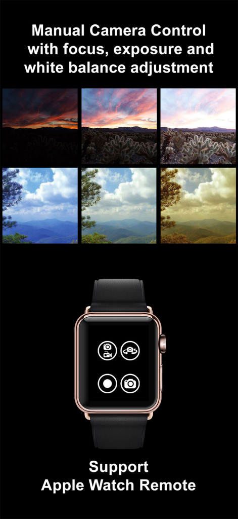 SP Camera - Interfaz de la aplicación SP Camera que muestra comparaciones de ajuste manual de enfoque y exposición junto con la interfaz de control remoto de Apple Watch.