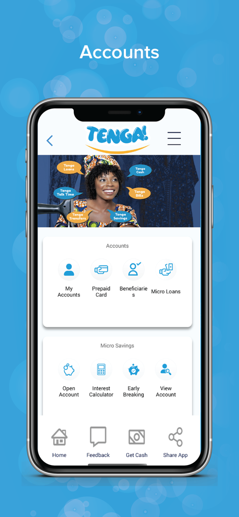 Tenga Mobile Money - Panel de la aplicación Tenga Mobile Money que muestra opciones de gestión de cuentas y micro-ahorros