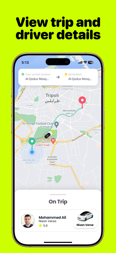 Kimo taxi app interface showing a trip route in Tripoli with driver information and car details