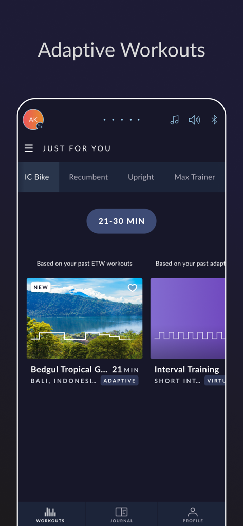 JRNY 앱 인터페이스는 실내 사이클링 및 홈 피트니스 장비에 대한 개인 맞춤형 적응형 운동 추천을 보여줍니다.