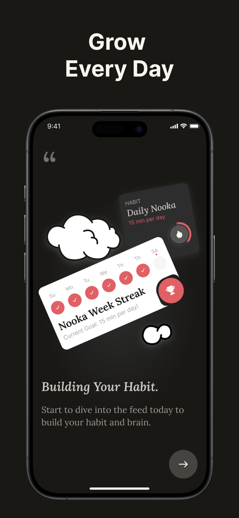 Nooka: Your Insight Feed - Nooka app interface displaying a weekly learning streak and daily habit goals