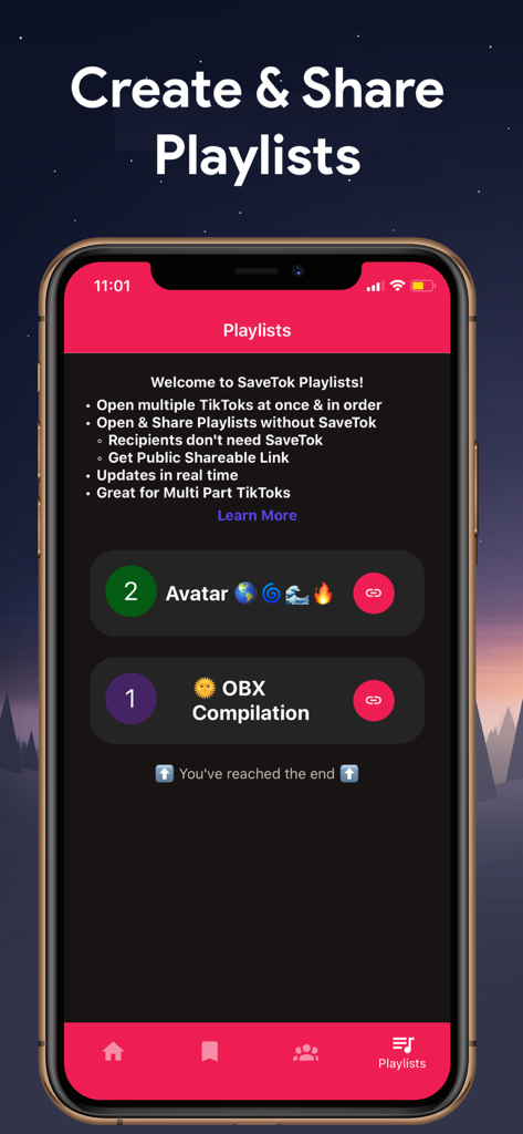 Una schermata di smartphone che mostra l'interfaccia dell'app SaveTok per creare e condividere playlist TikTok.