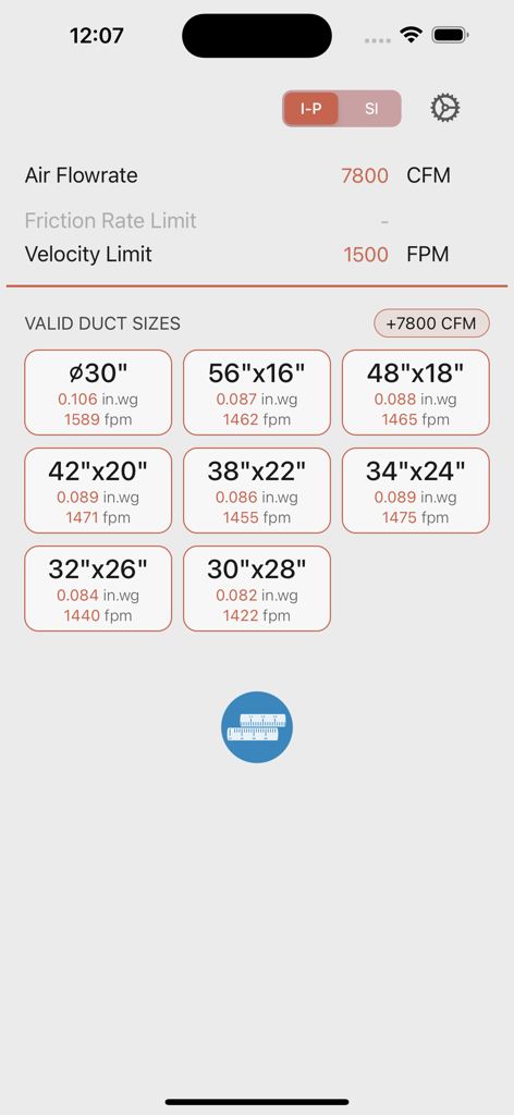 Ductulator app interface showing valid rectangular and circular duct sizes based on air flowrate and velocity limit.