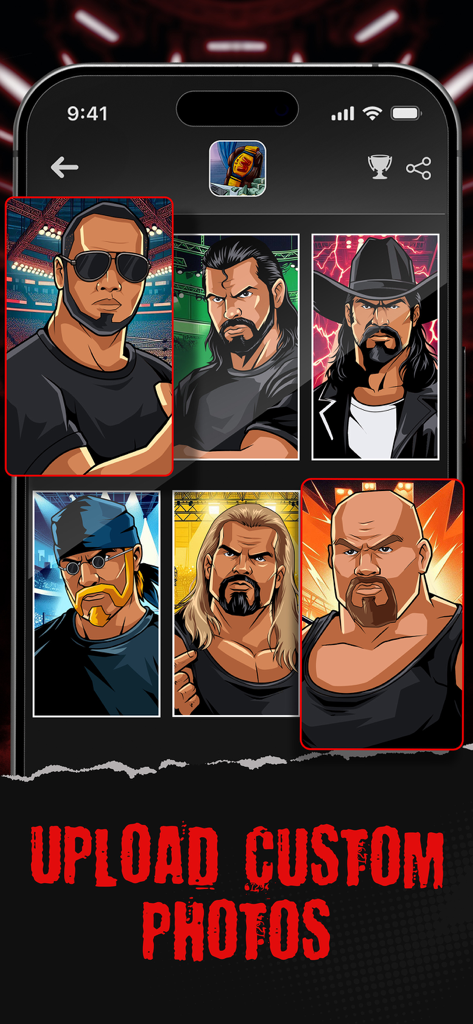 Wrestling GM - A screenshot of the Wrestling GM app showing a selection of illustrated wrestler avatars and the text upload custom photos