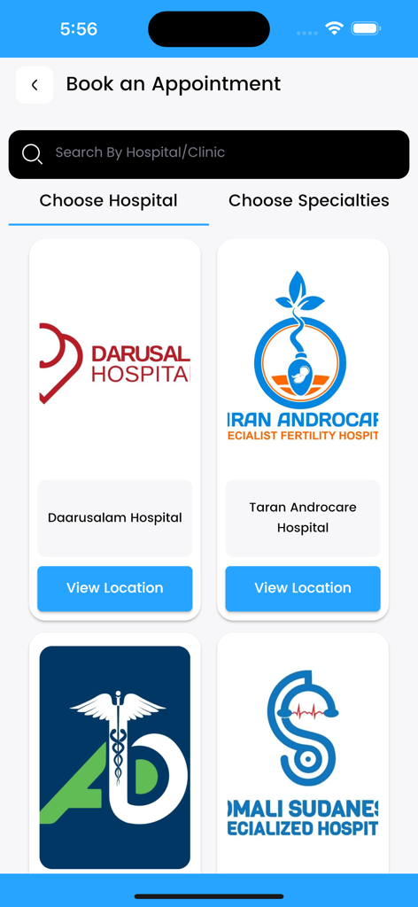 Baano - Baano app interface for booking an appointment showing a list of hospitals including Daarualam Hospital and Taran Androcare Hospital