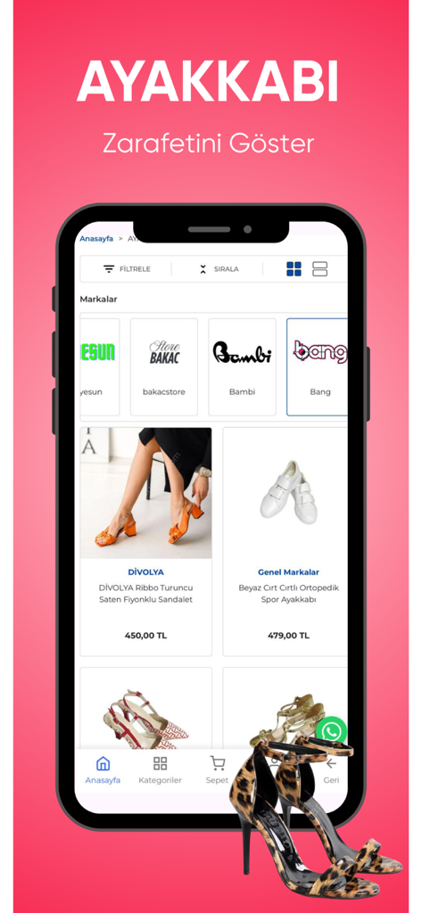 Gümrük Malları Satışı - Mobile app interface of Gumruk Mallari Satisi showing the shoe shopping category with various brands and styles.
