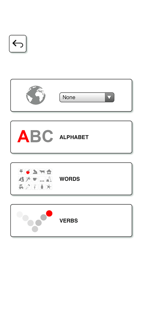 Learn and play US Englishアプリのメインメニュー。アルファベットの単語と動詞の学習モジュールを備えています。